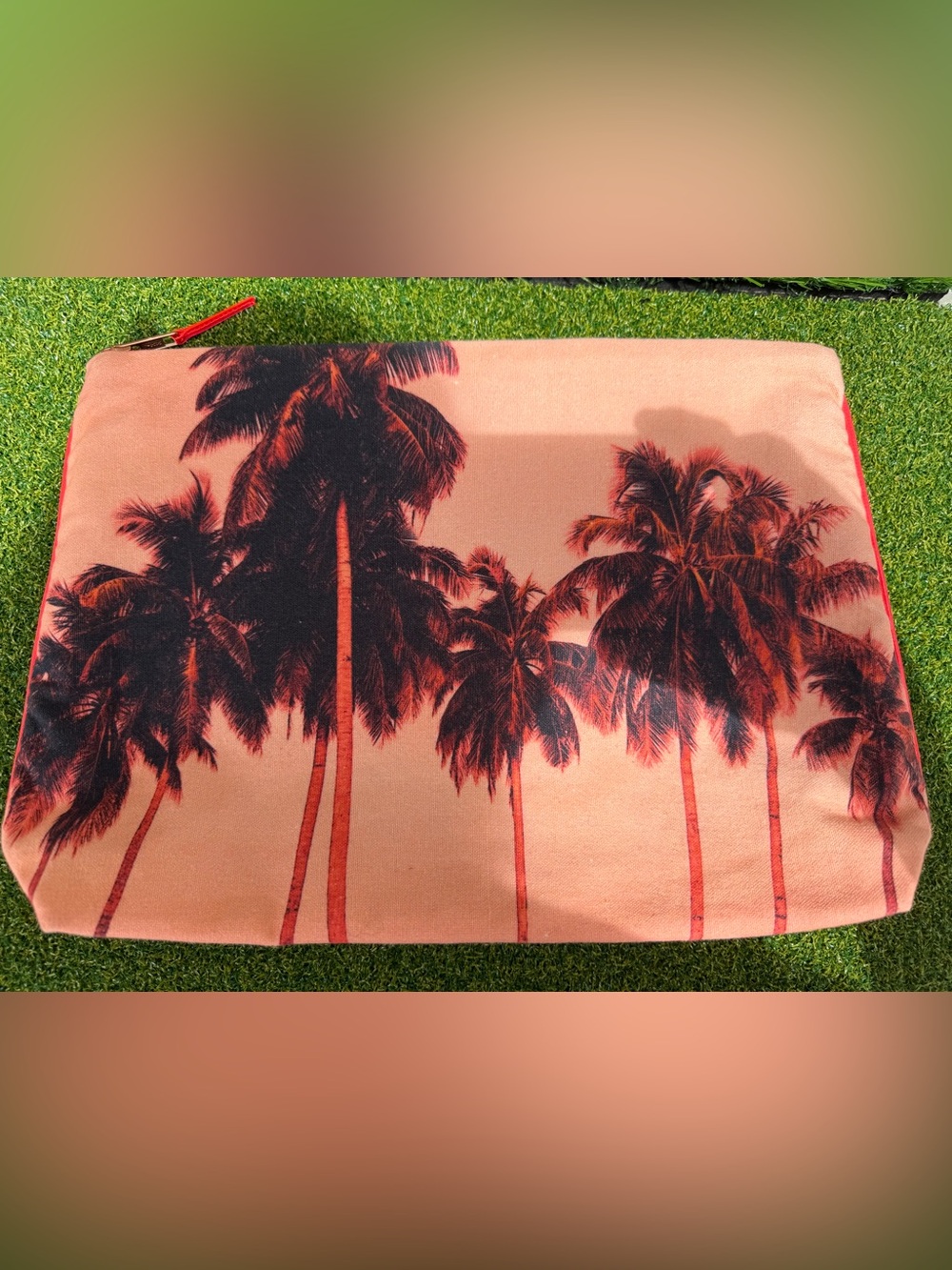 Dezso Neon Orange Palm Tree Canvas Pouch Clutch EUC